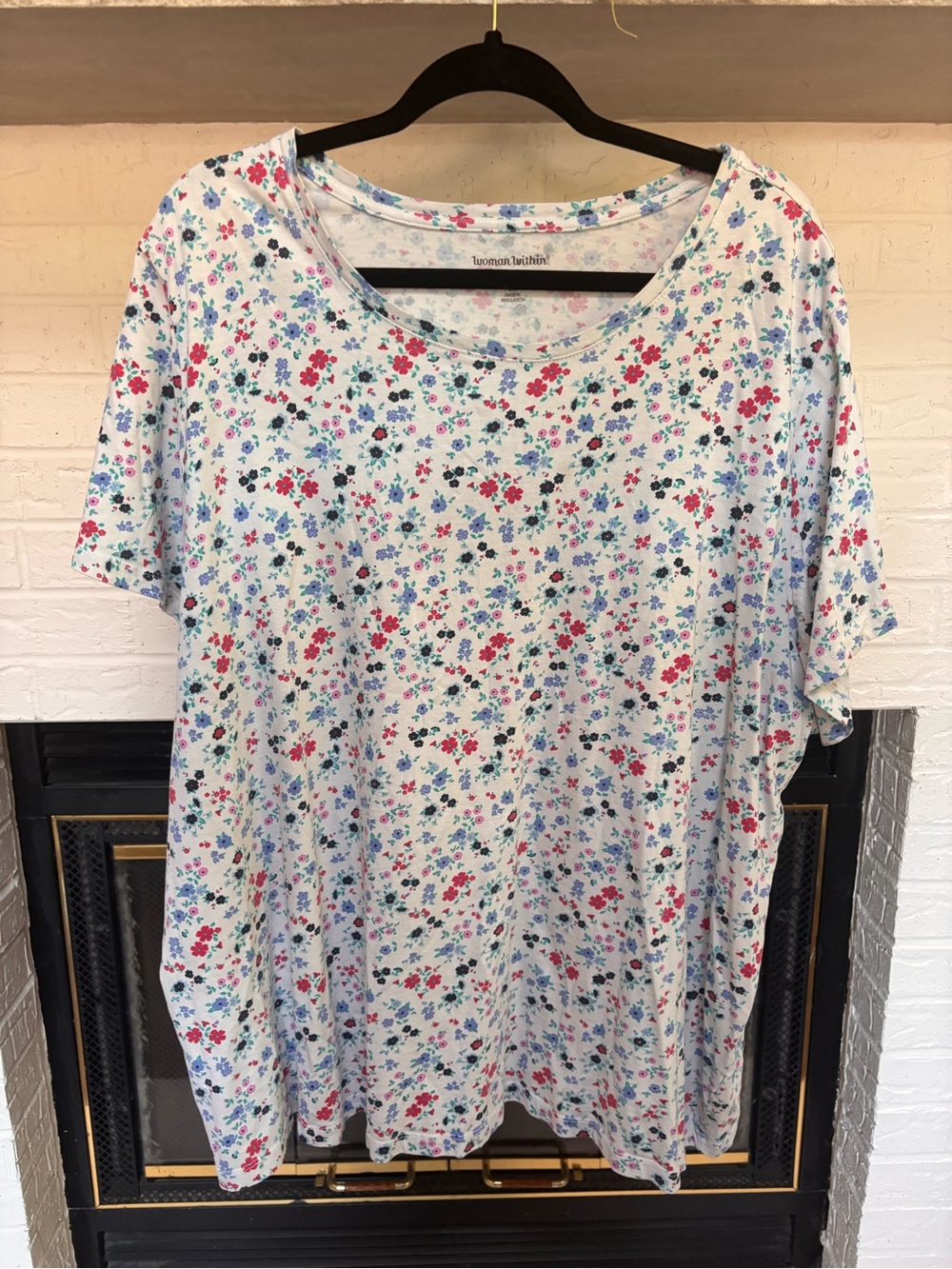 Woman Within White Short-Sleeve Scoop Tee with Pink & Blue Floral Print
